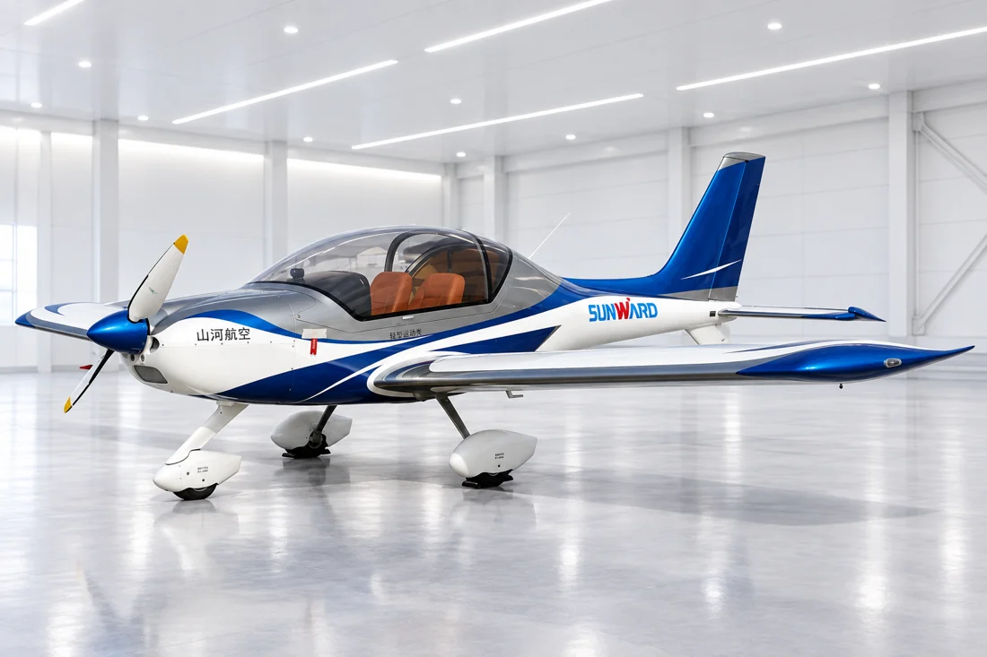 Blue and white Sunward Aurora SA60L from the supplied reference photograph, placed in a bright white hangar with the aircraft fully in frame