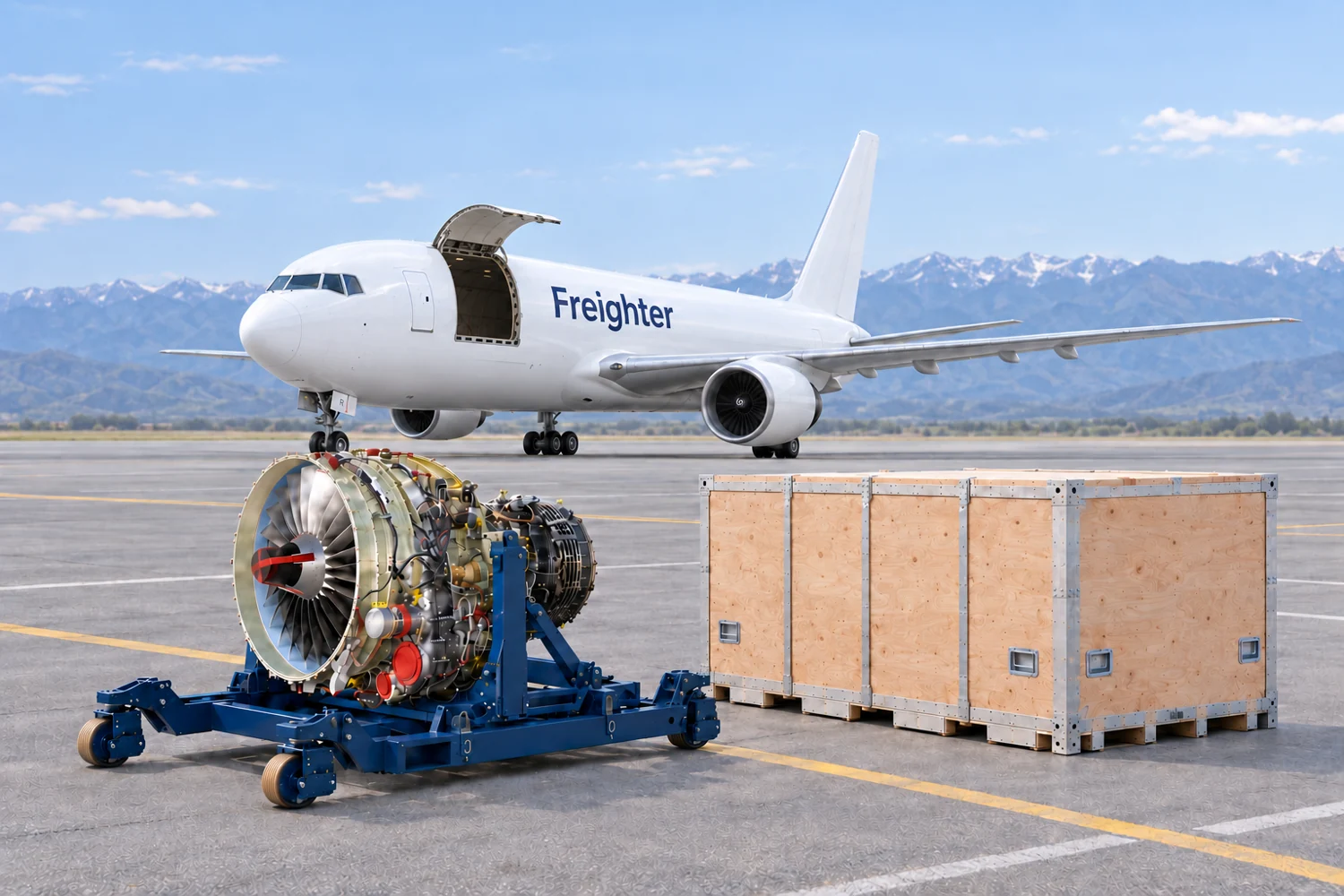 Boeing 767 freighter illustration with a fully open cargo door, a CFM engine on a navy transport stand and a shipping crate on a mountain airfield