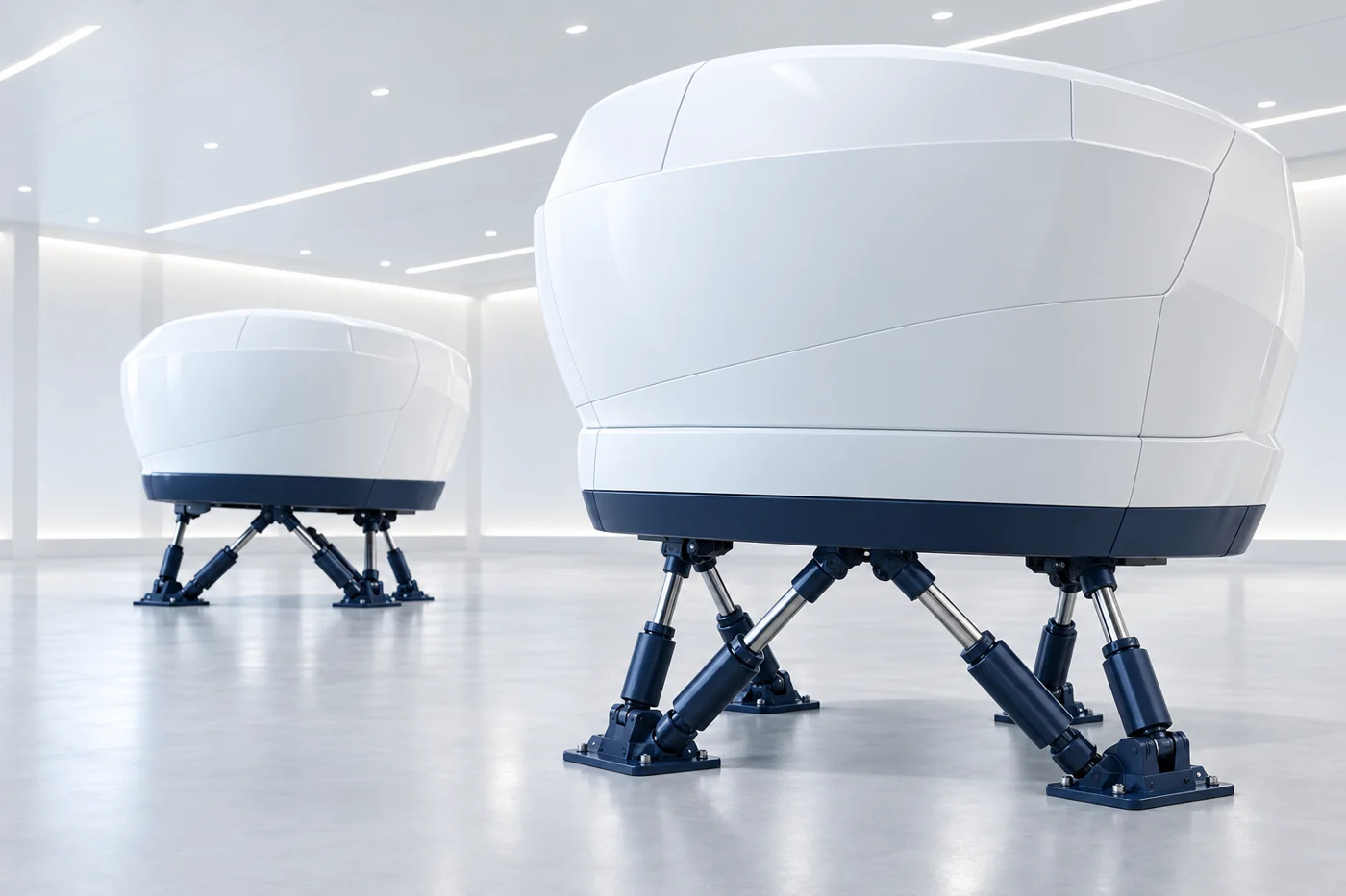 Conceptual white full-flight simulator pods with navy motion platforms in a bright, minimal training hall