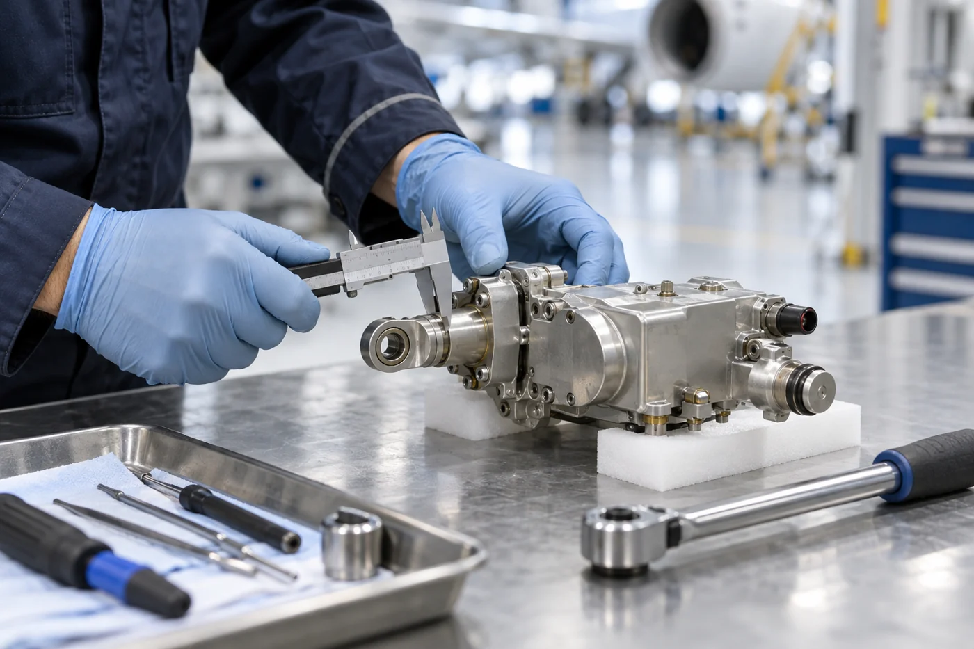 Illustration of a technician inspecting an aircraft component with a measuring tool