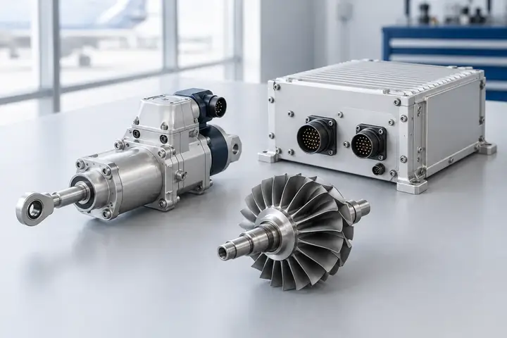 Illustration of mechanical and avionics components on a clean workbench